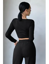 Black Long Sleeve Corset Crop Top - 4