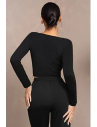 Black Long Sleeve Corset Crop Top - 1