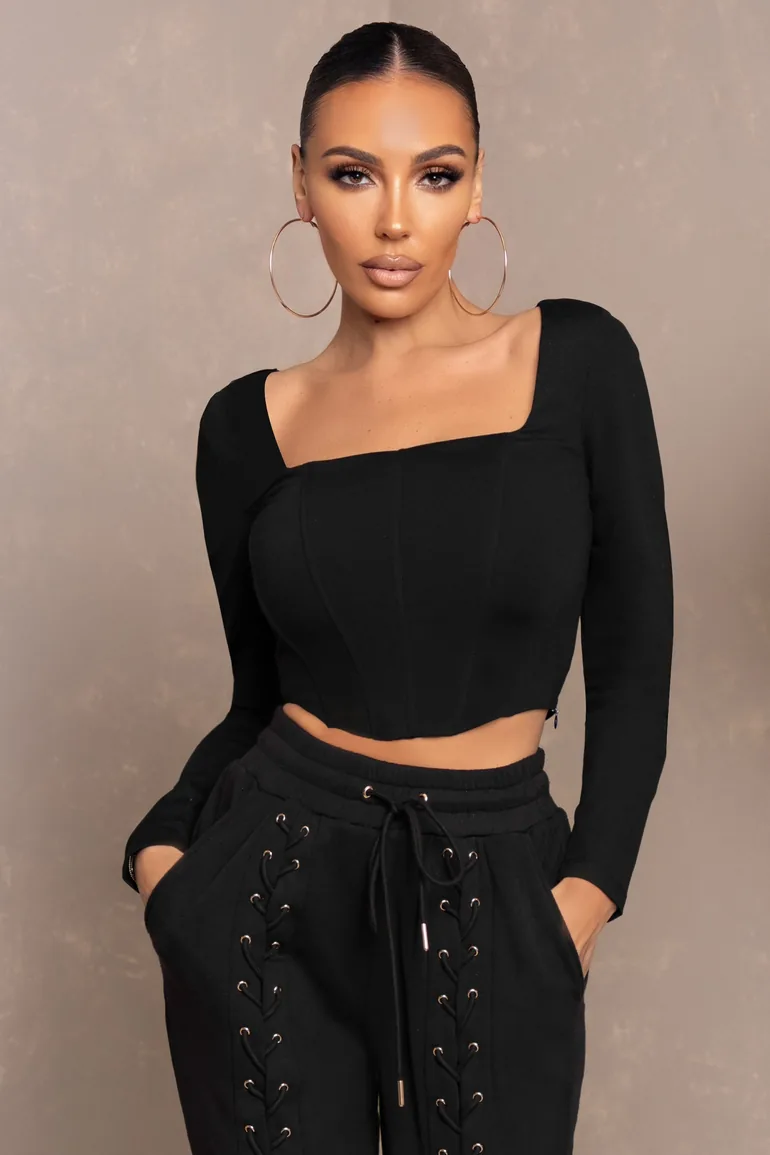 Black Long Sleeve Corset Crop Top