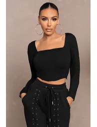 Black Long Sleeve Corset Crop Top