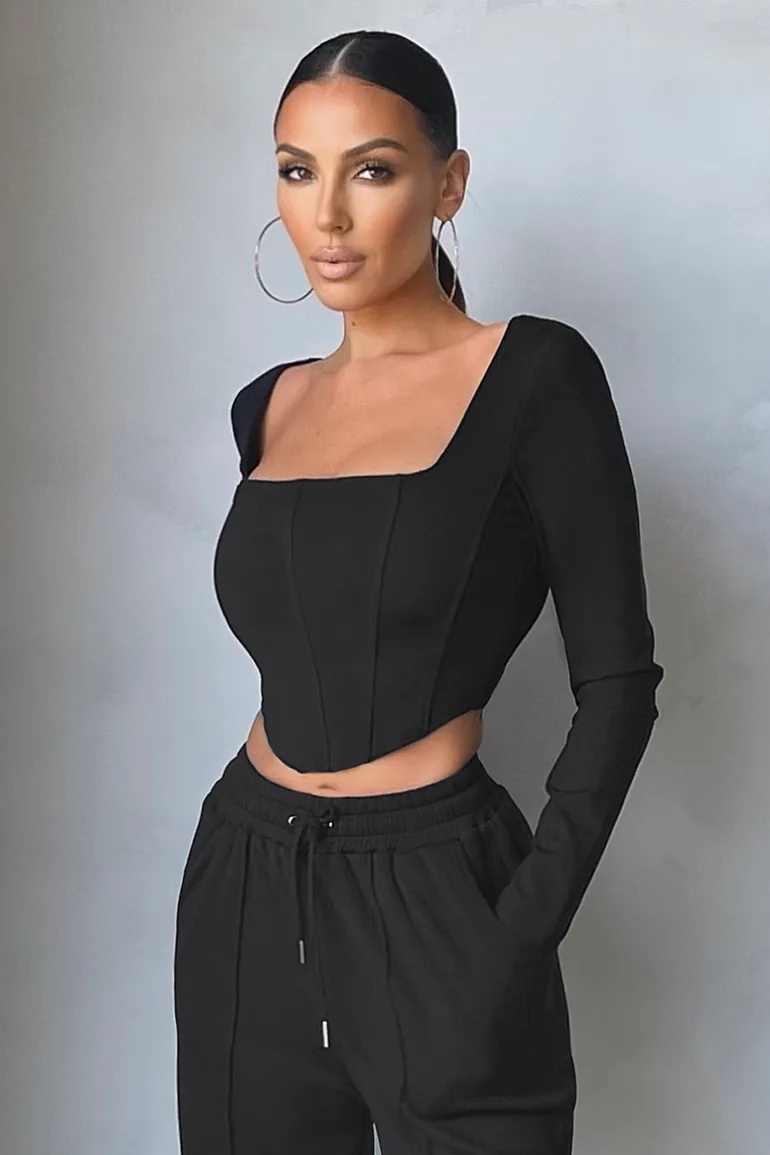 Black Long Sleeve Corset Crop Top - 2