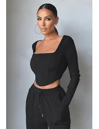 Black Long Sleeve Corset Crop Top - 2