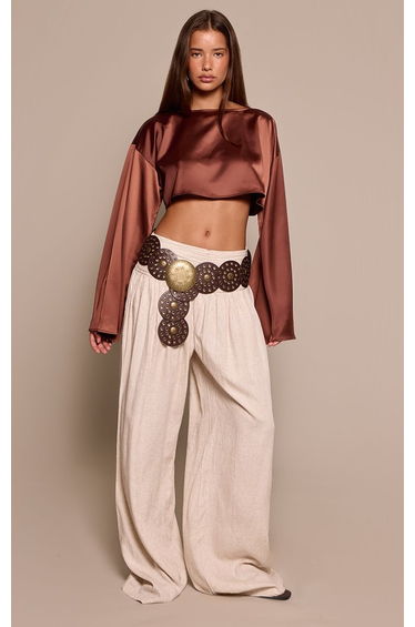 Chocolate Satin Flared Long Sleeve Floaty Top