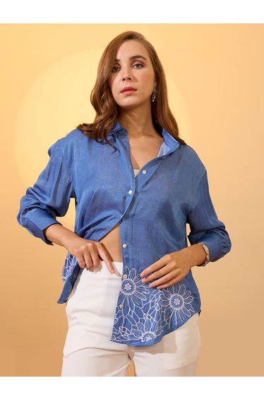 Blue Floral Embroidered Regular Shirt