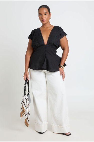Plus Woven Lace Trim Detail Smock Top - black