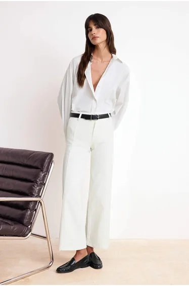 White High Waist Stitching Detailed Extra Flexible Wide Leg Jeans