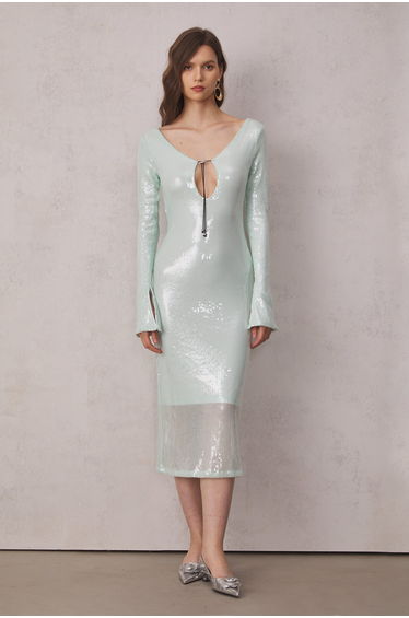 Aoibhe Long Sleeve Sequin Backless Dress In Teal