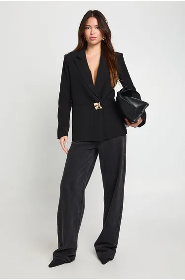 Gold Trim Oversized Tailored Blazer - black