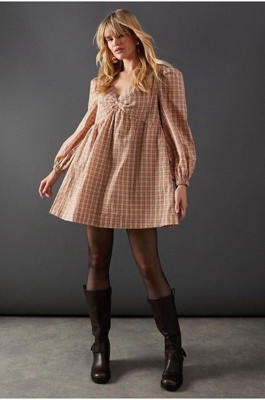 Check V Neck Volume Sleeve Mini Dress
