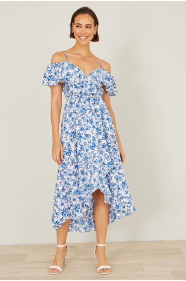 Yumi Blue Floral Print Bardot Midi Dress With Dip Hem