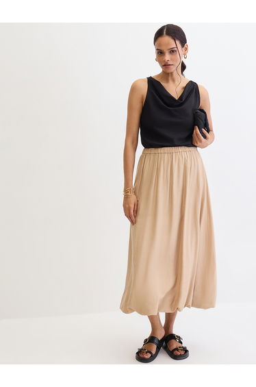 Beige Bubble Hem Midi Skirt