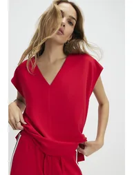 Red Short Sleeve Tape Detail V Neck Top