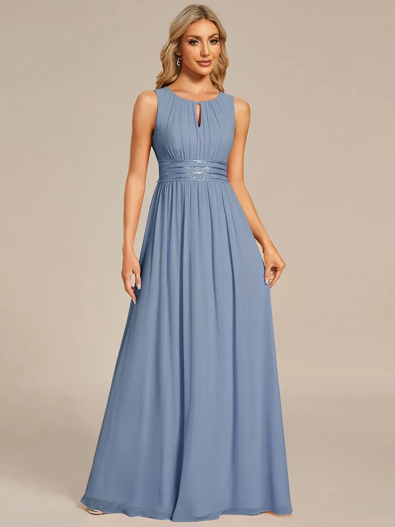 Maxi Chiffon Hollow Round Neck Decor Bridesmaids Dress