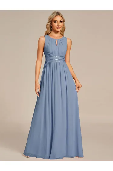 Maxi Chiffon Hollow Round Neck Decor Bridesmaids Dress