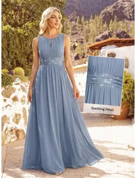 Maxi Chiffon Hollow Round Neck Decor Bridesmaids Dress - 12