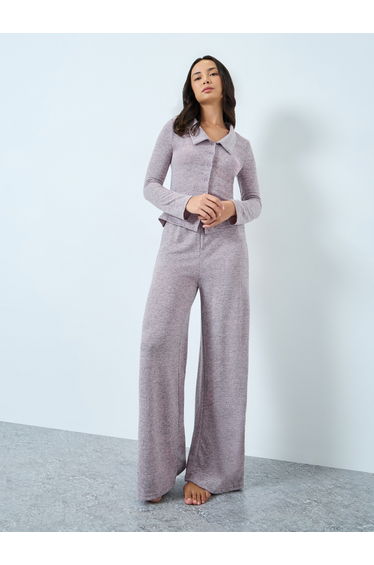 Pink Melange Knit Collared Shirt and Pyjama Set