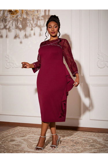 Leely Plus Women's Elegant Round Neck Long Sleeve Party Dresses