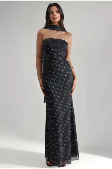 Polka Dot Strapless Maxi Dress with Scarf Detail