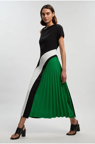 Petite Soft Tailored Colour Block High Neck Pleated Midi Dress