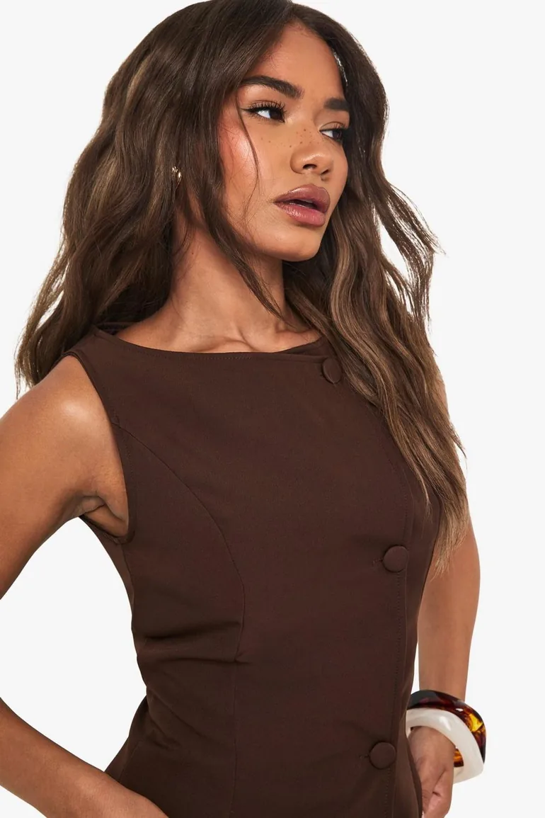 Tailored Boat Neck Button Waistcoat - chocolate - 3