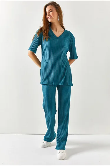 Women's Petrol Blue Top V-neck Bottom Palazzo Corduroy Suit