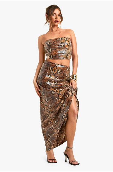 Sequin Snake Longline Bandeau Top - brown