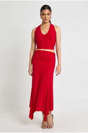 Slinky Hanky Hem Midi Skirt - red