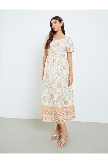 Women Orange Floral Print A-Line Midi Dress