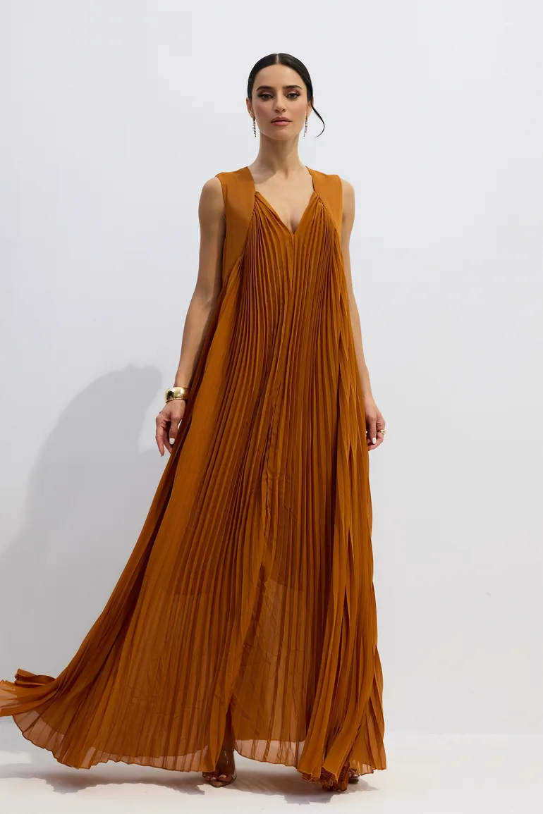 Minerva V-Neck Pleated Maxi Dress