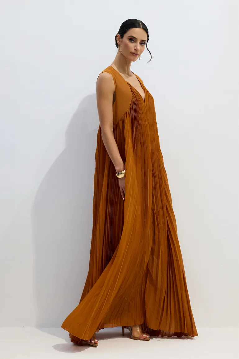 Minerva V-Neck Pleated Maxi Dress - 6