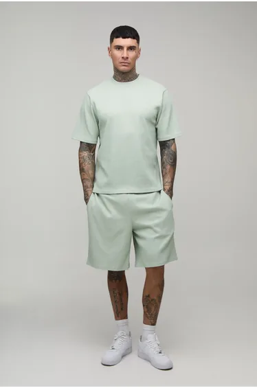 Tall Boxy Fit Pleated T-Shirt & Baggy Short Set - sage