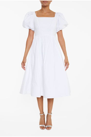 Madison White Puff-Sleeve Corset Midi Skater-Dress