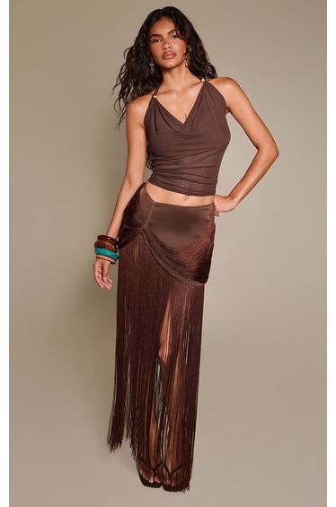 Chocolate Fringe Drape Detail Maxi Skirt