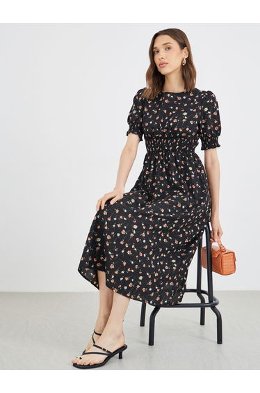 Women Black Floral Print A-Line Midi Dress