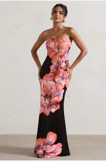 Sofiane | Black & Pink Floral Print Bandeau Floor Dress