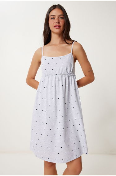 Women's Gray Melange Strap Soft Textured Cotton Knitted Nightgown Dress