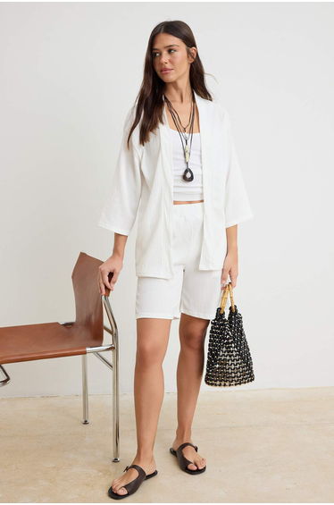 Ecru Oversize Low Sleeve Three-Quarter Textured Knitted Top and Bottom Set