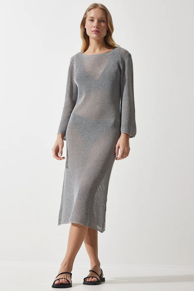 Shop Women's Gray Openwork Transparent Long Knitwear Dress Online in Oman