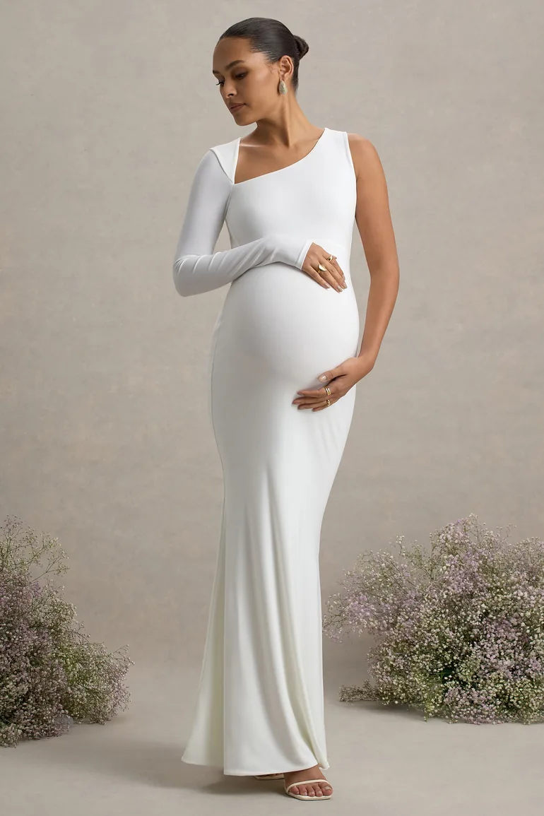 Shop White Maternity One Shoulder Bodycon Maxi Dress Online in Iraq