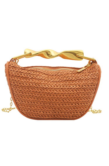 Twist Metal Handle Woven Straw Bag in Orange for Daily Outings & Resort Getaways
