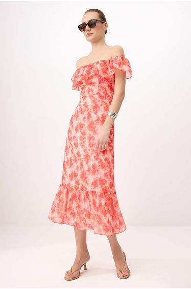 Multi-Colored Floral Skirt with Flared / Ruffled Waistband Midi Woven Dress