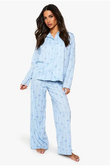 Petite Bow Shirt and Trouser Pyjama Set - blue