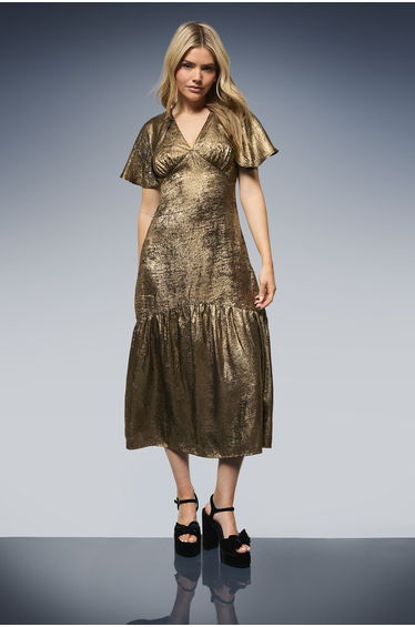 DP Luxe Cape Sleeve Metallic Satin Midaxi Dress