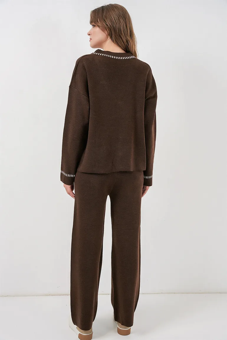 BDART Textured V-Neck Knitwear Cardigan and Wide Leg Pants Set - 5