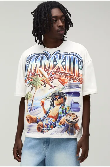 Oversized Boxy Teddy Graphic Washed T-Shirt - ecru