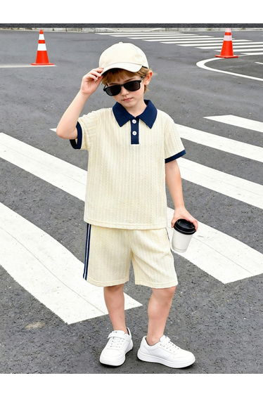 Boys Solid Textured Polo and Shorts Set