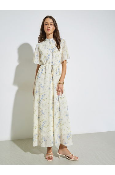 Off White Floral Drawstring Waist Maxi Dress