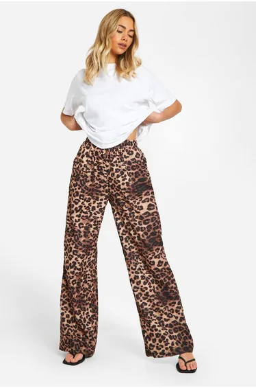 Leopard Wide Leg Tie Waist Trouser - brown