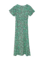 Green Floral Double Breasted Neck Viscose Woven Dress - 5