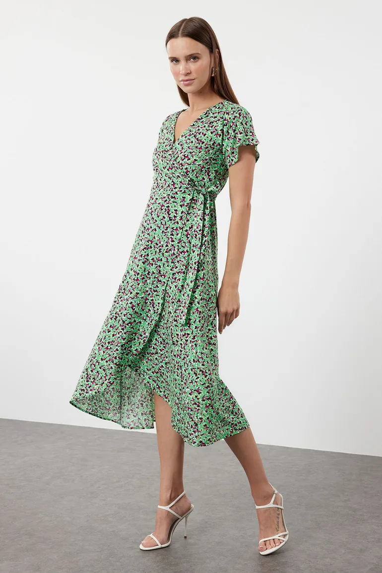 Green Floral Double Breasted Neck Viscose Woven Dress - 1